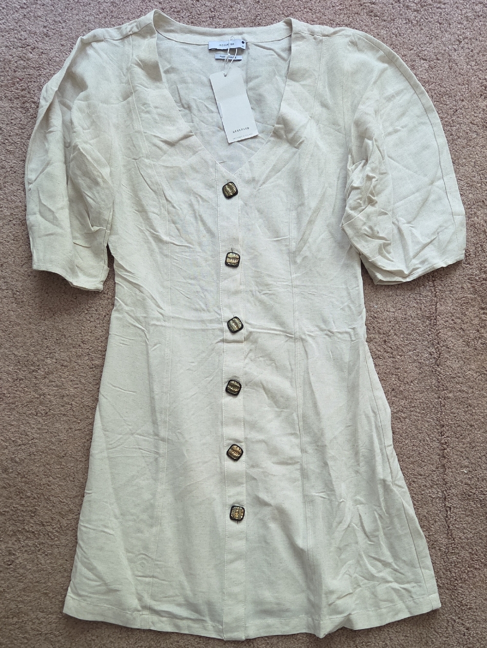 *NWT* LINEN Button-Front Mini Dress with Puff Sleeves